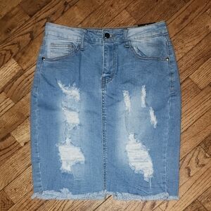 Fashion Nova NWT distressed denim midi skirt medium blue wash